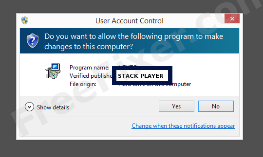 Screenshot where STACK PLAYER appears as the verified publisher in the UAC dialog